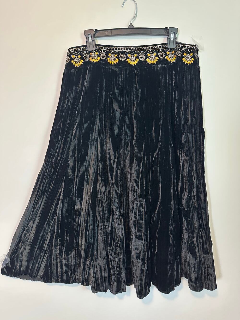 Mlle Gabrielle XL Black Crushed Velvet Midi Skirt Beaded Embroidered Whimsigoth